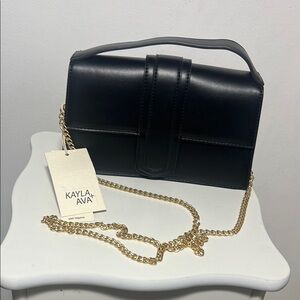 Kayla+Ava Vegan leather Black Clutch with Gold Chain
